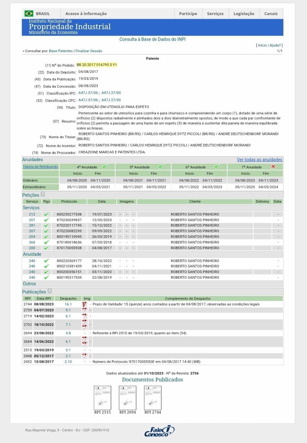Certificado de patente da Provoletta emitido pelo INPI — BR 20 2017 016795 5 Y1
