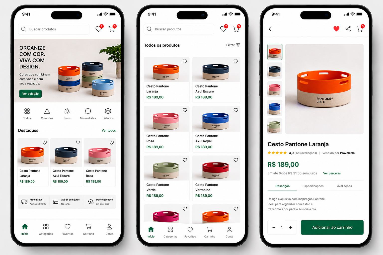 Mockup do app de e-commerce Provoletta com catálogo de produtos, filtros e carrinho